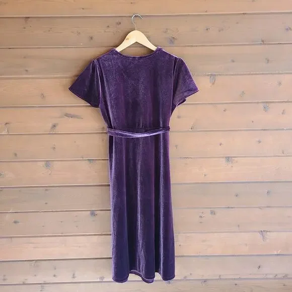 Gap Maternity Dress Velvet Tie Waist Small Purple Fall Short Sleeve Midi Vneck - Picture 3 of 4